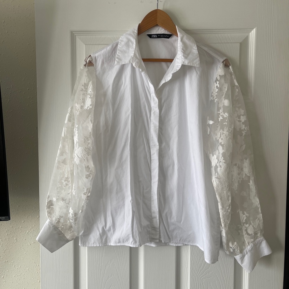 Zara Elegant White Blouse with Sheer Sleeves